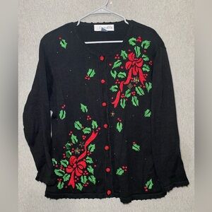 VTG Chrysantheme Christmas Holly Bow Embroidered Beaded Hand Knit Sweater 1X